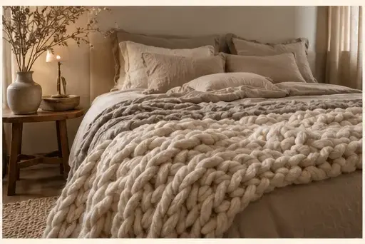 Fil chenille XXL et inspiration pour Disposer un plaid XXL au pied du lit